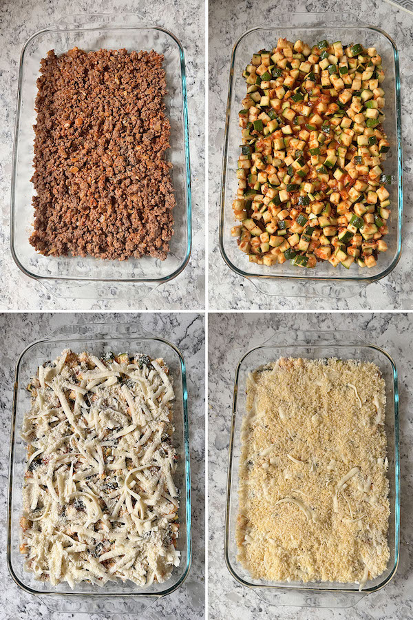 Step-by-step instructions showing how to arrange all the layers of the ground beef and zucchini casserole.