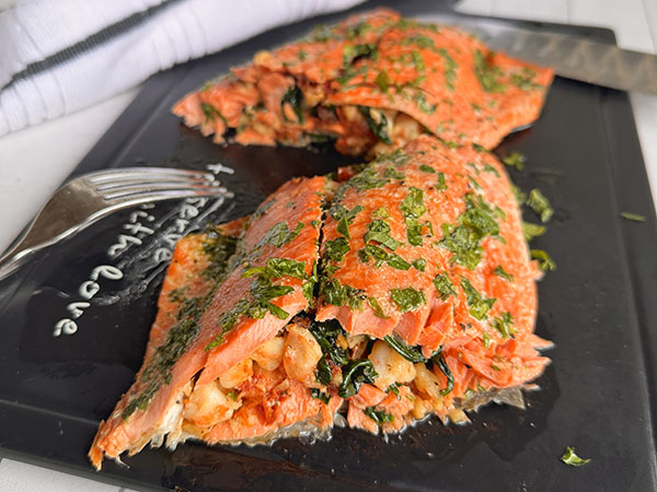 Baked Salmon Stuffed with Tuscan Style Shrimp