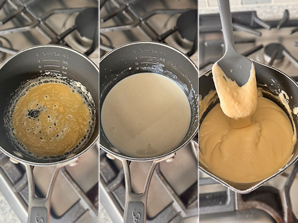 Photo instructions on how to make homemade nacho cheese sauce for tortilla wraps.