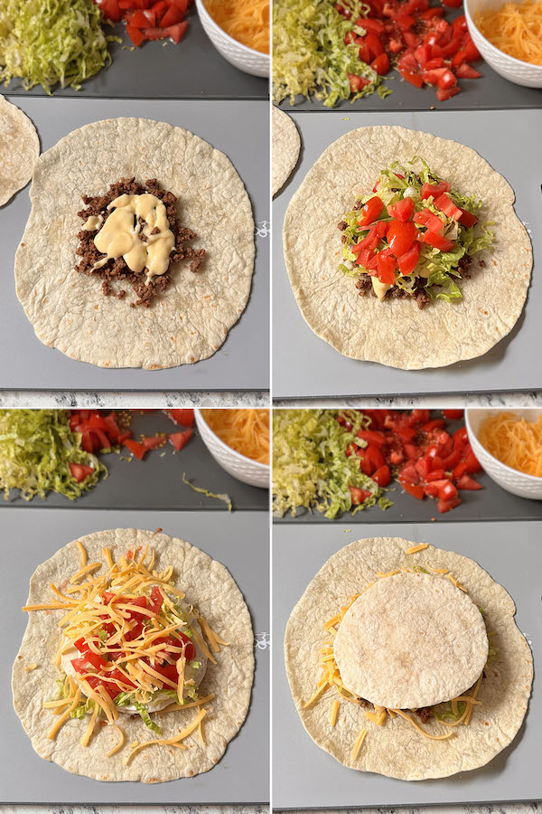 Detailed photo instructions of steps how to layer fillings for the best tortilla wrap.