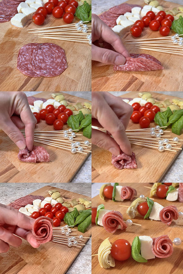 Instructions on how to make salami roses and thread ingredients for antipasto tomato mozzarella basil skewers.