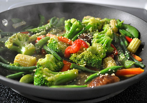 Cooked Stir-Fry Vegetables mixed with a simple homemade stir-fry sauce.