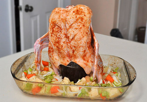 Whole duck sitting on a beer-filled mason jar with pre-cut potatoes, carrots, onions and celery around in a large baking dish, ready for oven.