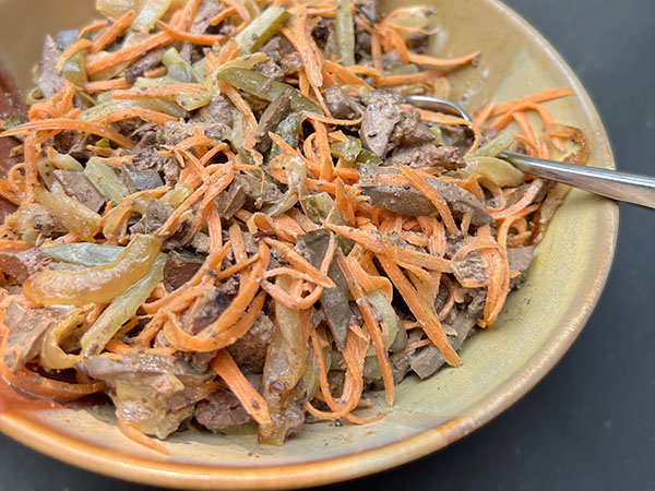 Chicken Liver Salad with Marinated Carrots and Pickles
