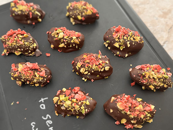 Chocolate Dates with Almond Butter, Pistachios & Strawberries