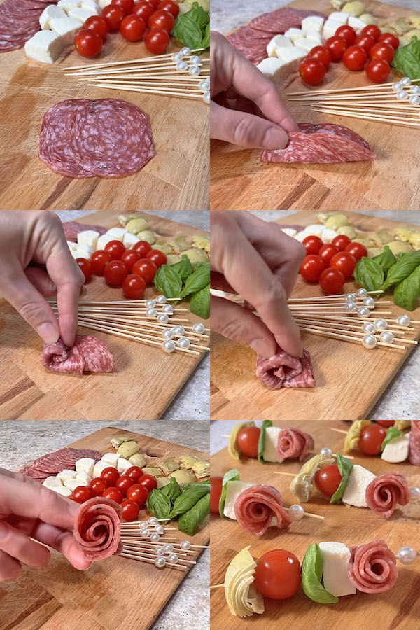Easy Caprese Skewer Bites Recipe with Salami & Artichokes