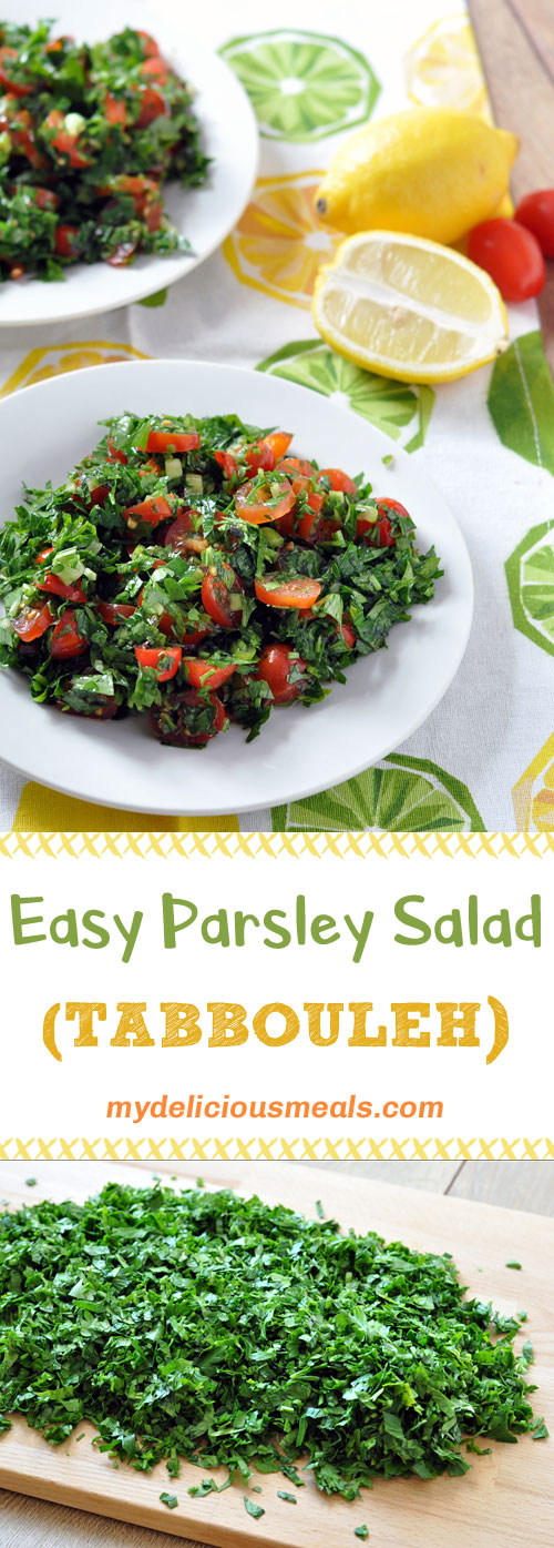 Two plates full of easy parsley tabouli salad with a half of lemon and cherry tomatoes next to them
