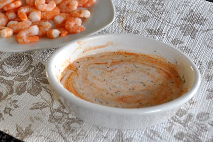 Creamy dressing for Shrimp Salad with Lettuce and Tomatoes.